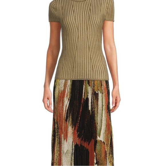 NWT DONNA KARAN SHORT SLEEVE TRANSFER RIB KNIT TOP - Picture 4 of 4